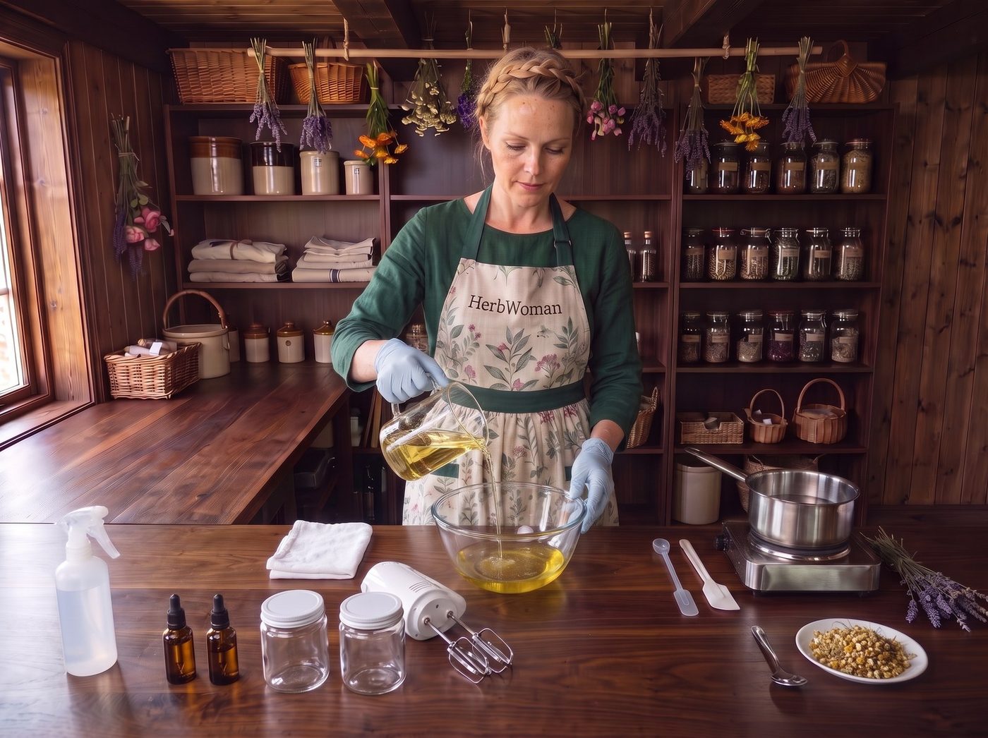María pouring warm infused oil into a glass bowl at her wooden workbench