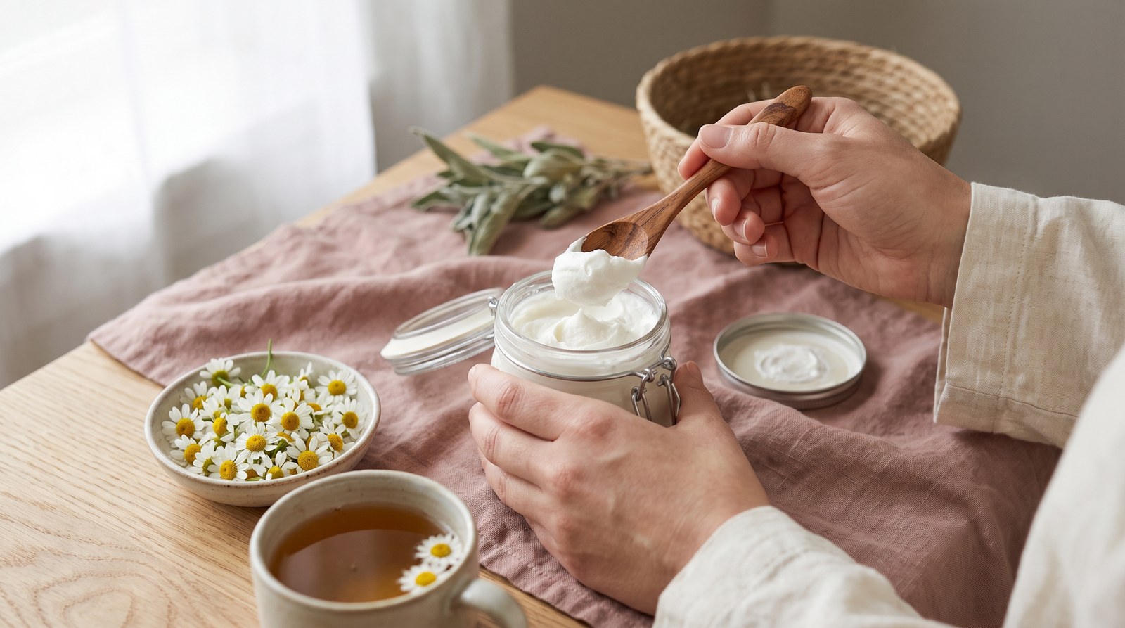 Hands scooping snow-white whipped body butter from a glass jar beside fresh chamomile and a cup of chamomile tea