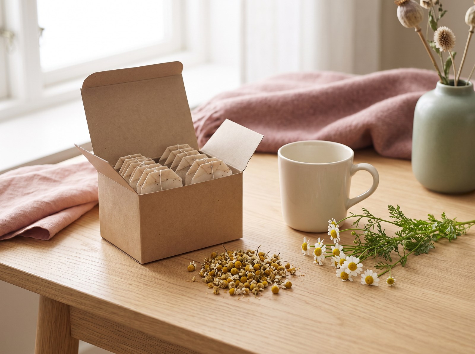 A box of chamomile tea beside loose dried chamomile flowers